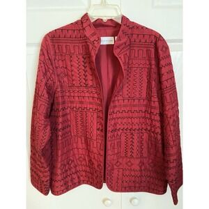 Alfred Dunner Red Embroidered Geometric Open Front Jacket Women's Size 10